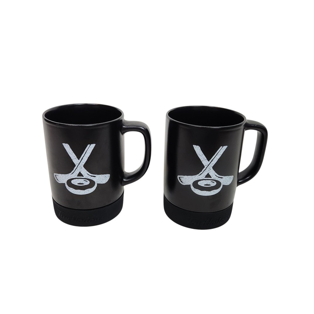 Tim Hortons Hockey Sticks Puck Base Black Ceramic Coffee Mug Cups Set of 2
